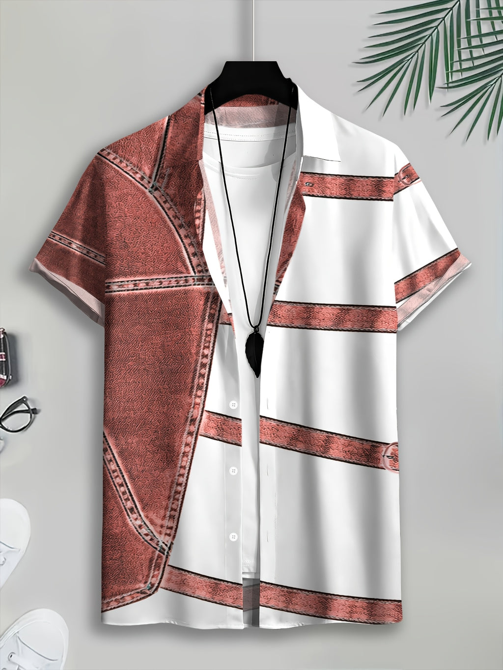 PrintedDesign-NotTextured 2dprinting Denim And Black Patchwork Style Men's Casual Shirt Print Denim Texture Design Summer Bold Contrast Panels