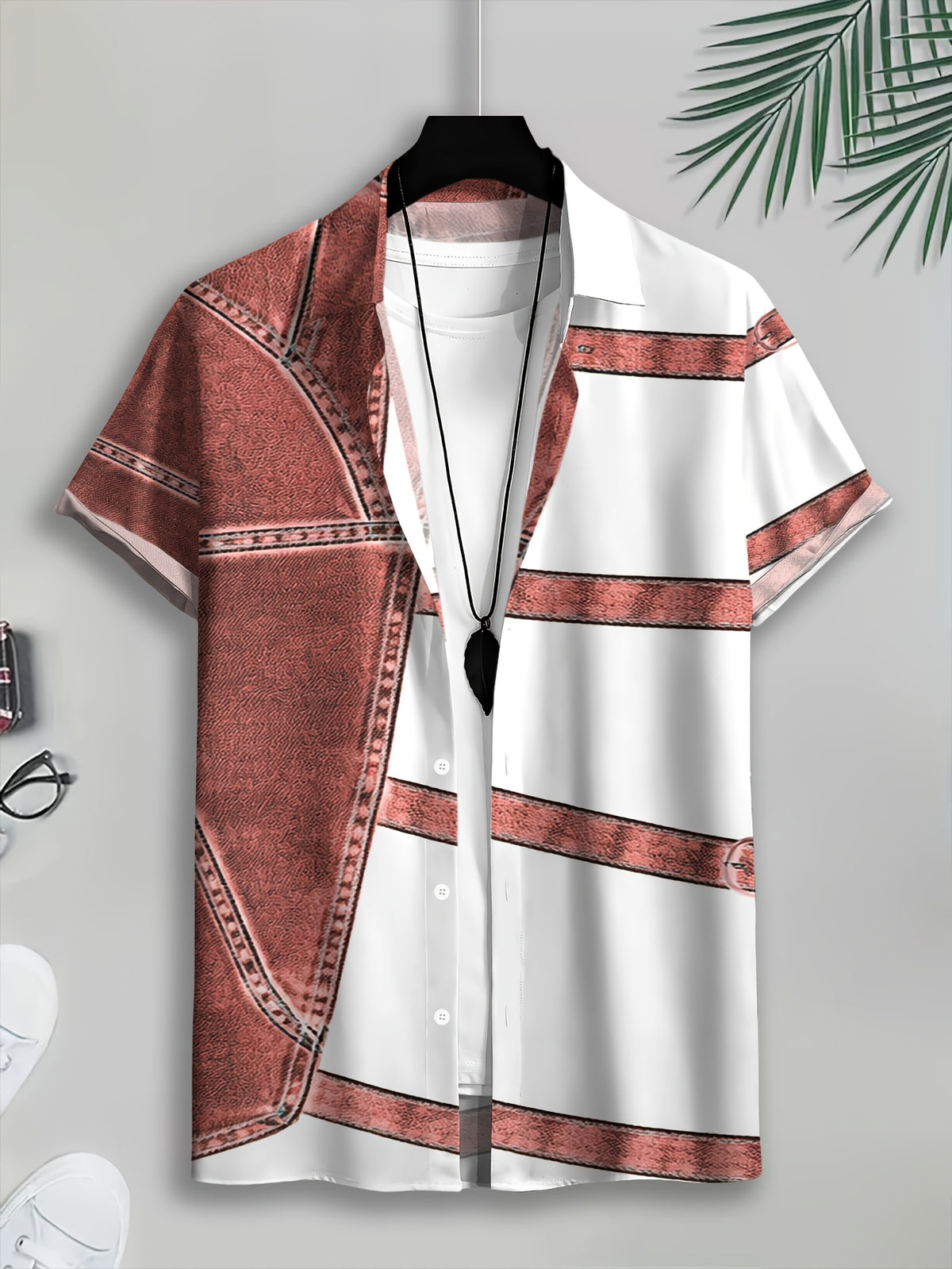 PrintedDesign-NotTextured 2dprinting Denim And Black Patchwork Style Men's Casual Shirt Print Denim Texture Design Summer Bold Contrast Panels