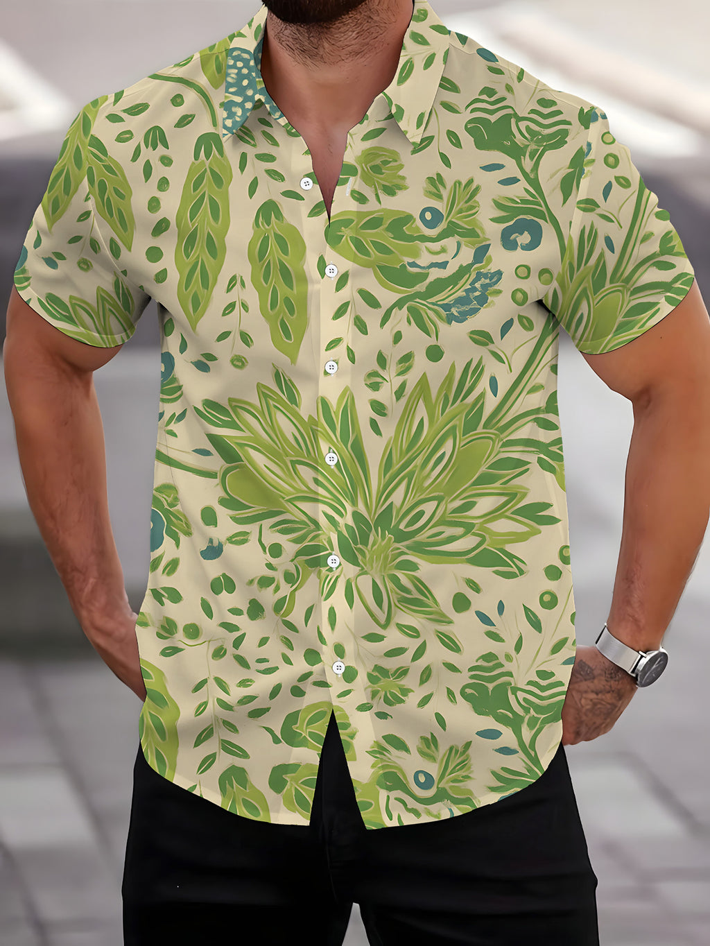 Men'S Short Sleeve Shirt, Fresh Style Men'S Print Shirt Short Sleeve Plant Pattern, Cool Men'S Shirt Men'S Casual Short Sleeve Shirt Summer