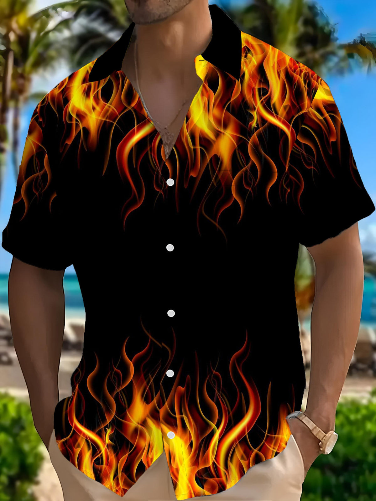 Trendy Individual Fashion Men'S Short Sleeve Shirt with Flame Print Black Background with Red And Yellow Flames Suitable for Casual Daily Wear