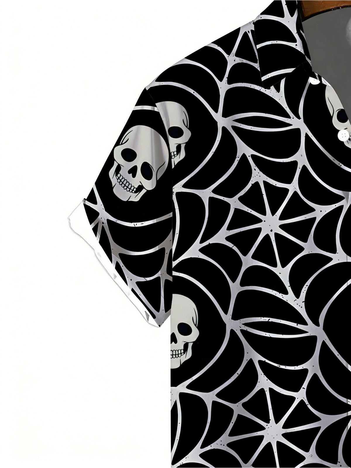 Dark Street Style Spider Web Skull Men'S Shirt, Featuring a Solid Black Base with Silvery-Gray Spider Web Prints All Over. The Web Patterns Are As Intricate As Medieval Gothic Window Grids, And The Skull in The Center of The Web Carries a Cold