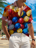 New Men's Casual Short-Sleeve Shirt with a Vibrant Cluster of Balloons, Full of Lively Atmosphere, Versatile for Holiday Parties and Commuting, Machine-Washable Polyester Fiber Fabric, Button-Up Printed Shirt