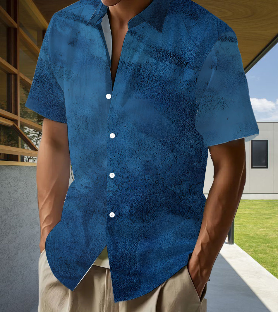 Men'S Casual Shirt with a Deep Blue Ink Painting Print - Featuring a Short Sleeve Button Design, Suitable for Summer Outdoor And Casual Wear, Perfect for Everyday Outfits