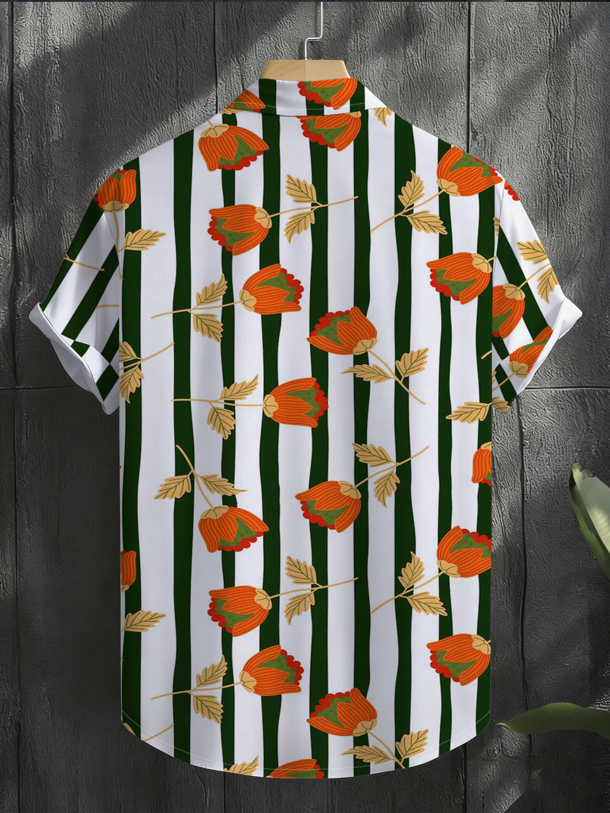 Men'S Casual Short Sleeve Shirt, Green And White Pinstripe with Orange Small Floral Pattern, Fashionable All-Match Beach Vacation