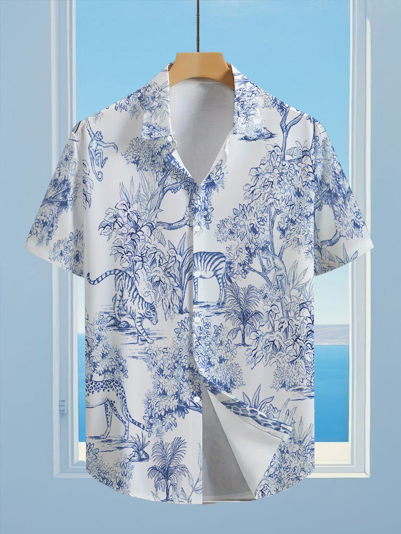 Men'S Casual Anime Shirt Featuring a Stylish Hawaiian Tiger Forest Pattern, with a Formal Cut And Collar, Suitable for Outdoor Activities