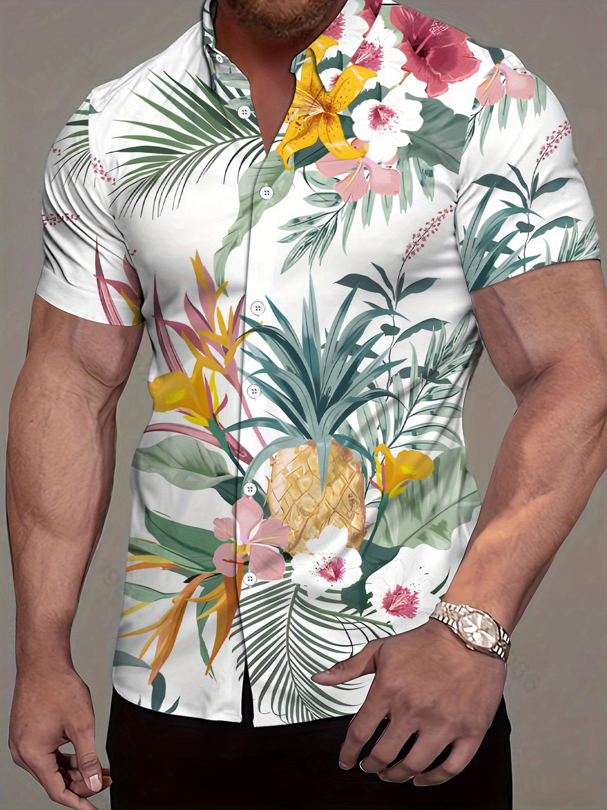 New Men's Casual Short-Sleeve Shirt with Digital Print, Tropical Floral and Botanical Pattern, Stylish and Elegant / Printed / Trendy / Streetwear / Men's / Summer / Clothing