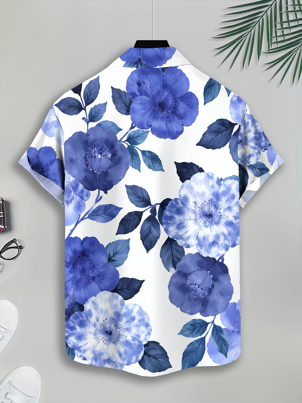 Floral Pattern Men'S Casual Shirt, Printed Blue Flowers And Leaves Summer Vibrant Design