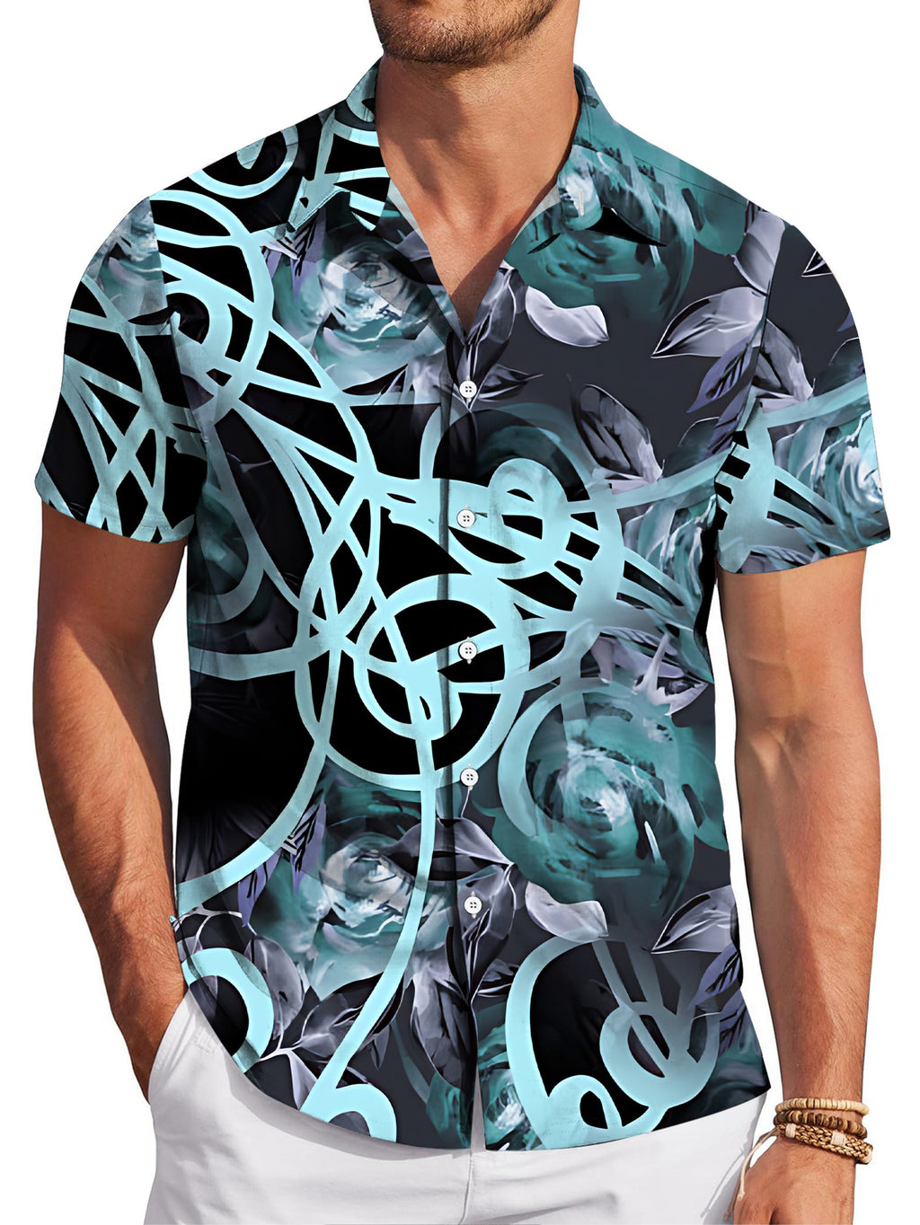 Men's Casual Digital Print Regular Fit Short Sleeve Shirt, Blue-Black Floral Pattern, Stylish and Sophisticated Dopamine Party Top, Clothing/Summer/Men/Printed/Apparel/Trendy/Streetwear