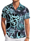 Men's Casual Digital Print Regular Fit Short Sleeve Shirt, Blue-Black Floral Pattern, Stylish and Sophisticated Dopamine Party Top, Clothing/Summer/Men/Printed/Apparel/Trendy/Streetwear