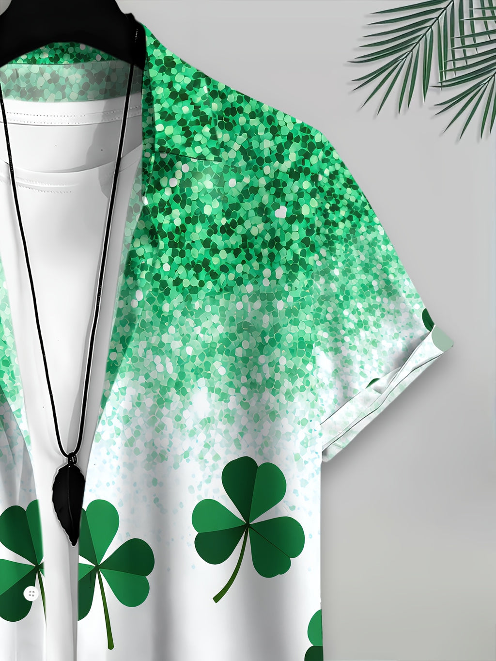 Men's Casual Style Shirt with Printed Cloverleaf Pattern, Vibrant Green Leaf Design for Summer
