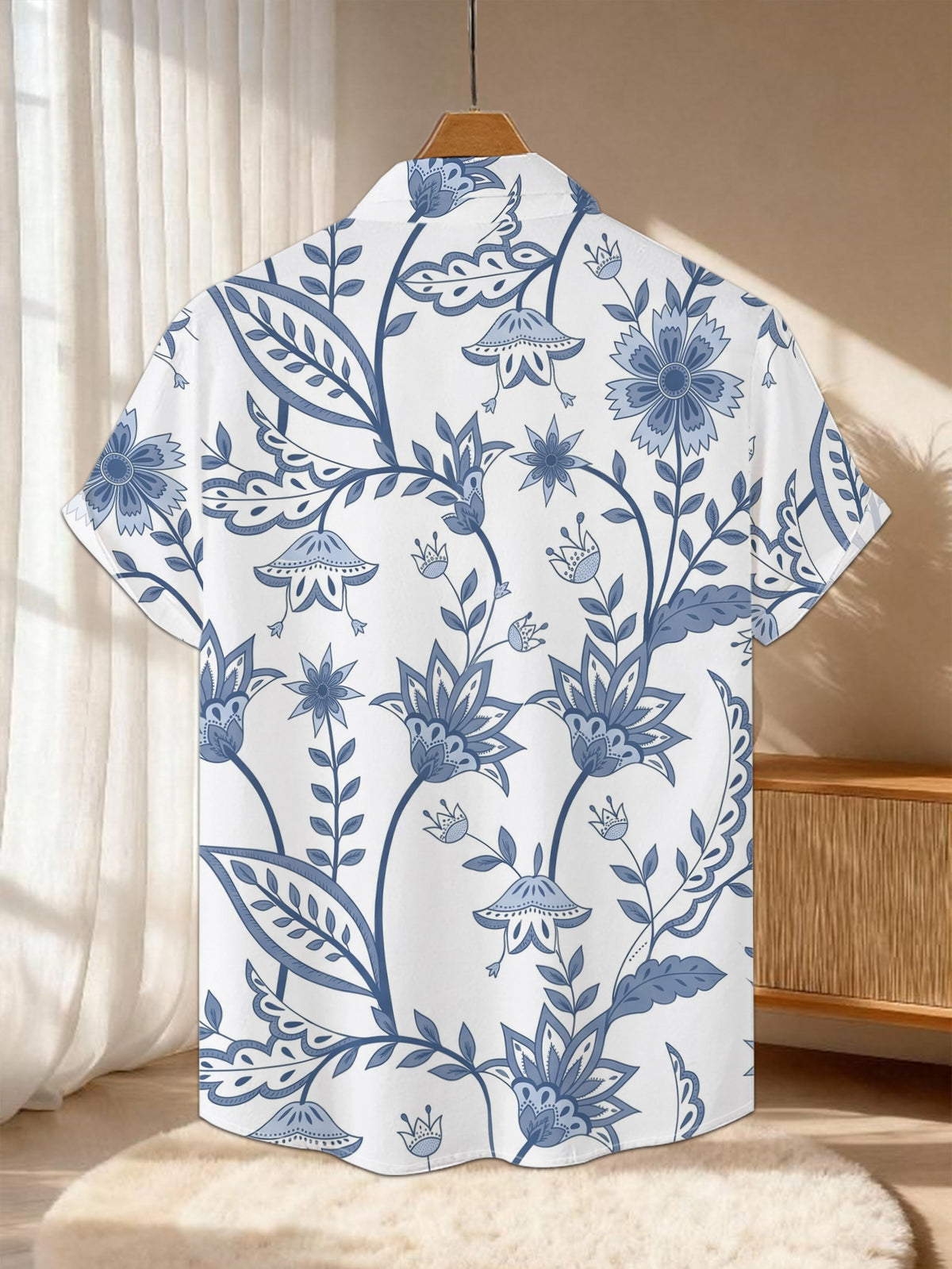 New Men'S Casual Short Sleeve Shirt, Blue And White Elegant All-Over Floral Pattern, Festive Gathering Commute Versatile, Polyester Fabric Machine Washable, Lightweight Summer Wear for Casual Outings And Daily Wear