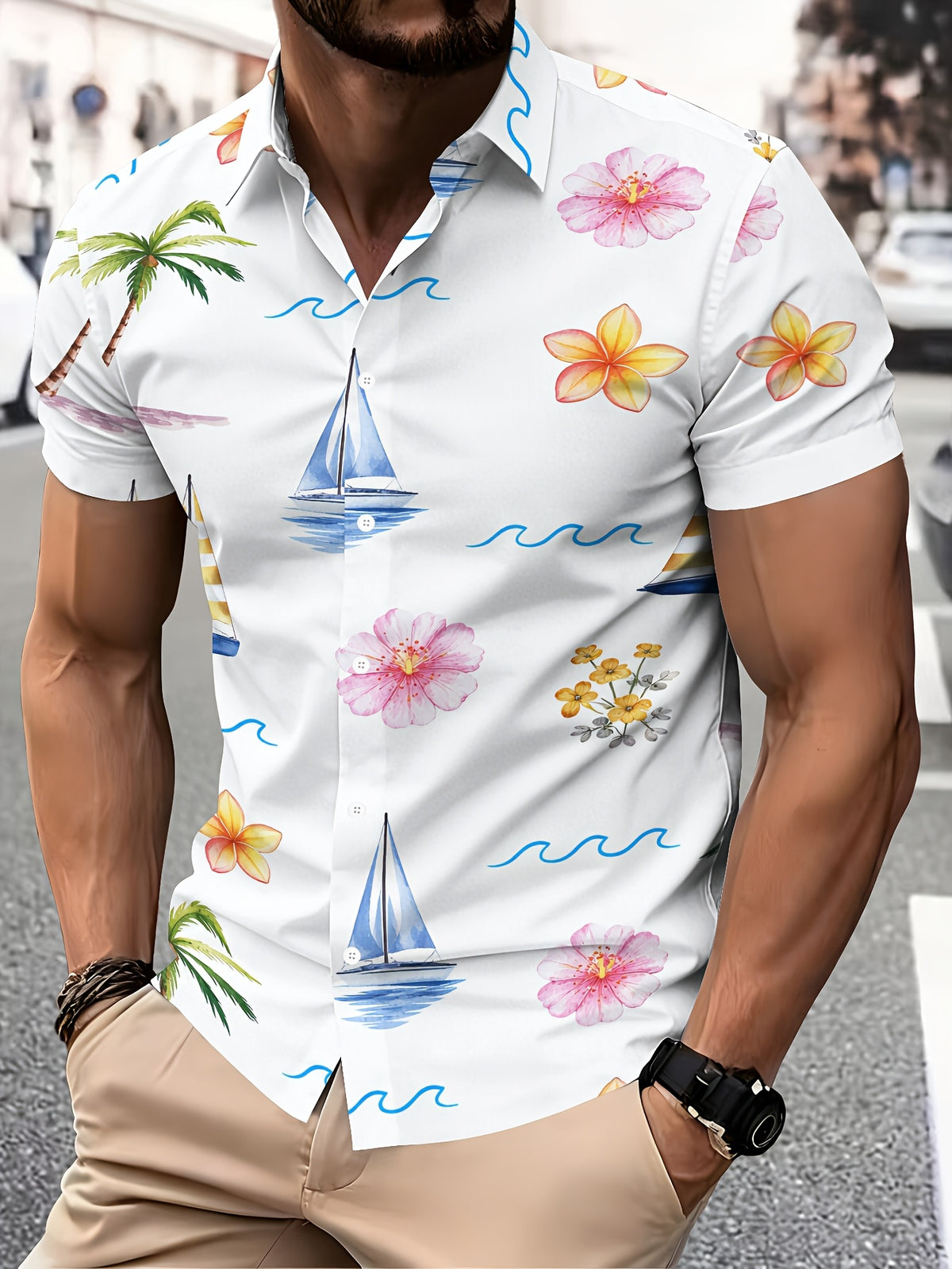 Summer Style Men's Casual Shirt Print Tropical Paradise with Palm Trees Sailboats And Flowers Summer Vibrant Island Vibes