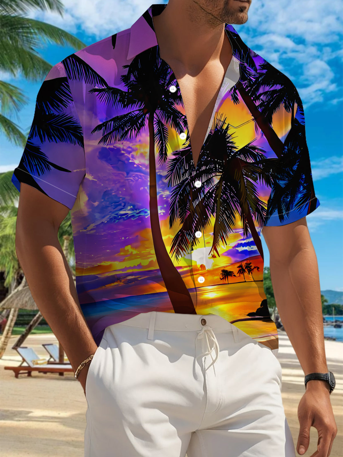 New Men'S Casual Short-Sleeve Shirt Featuring a Silhouette of Palm Trees Against a Vibrant Sunset, with The Sea Shimmering Like Scattered Golden. Perfect for Holiday Gatherings And Commuting, Made from Machine-Washable Polyester Fabric