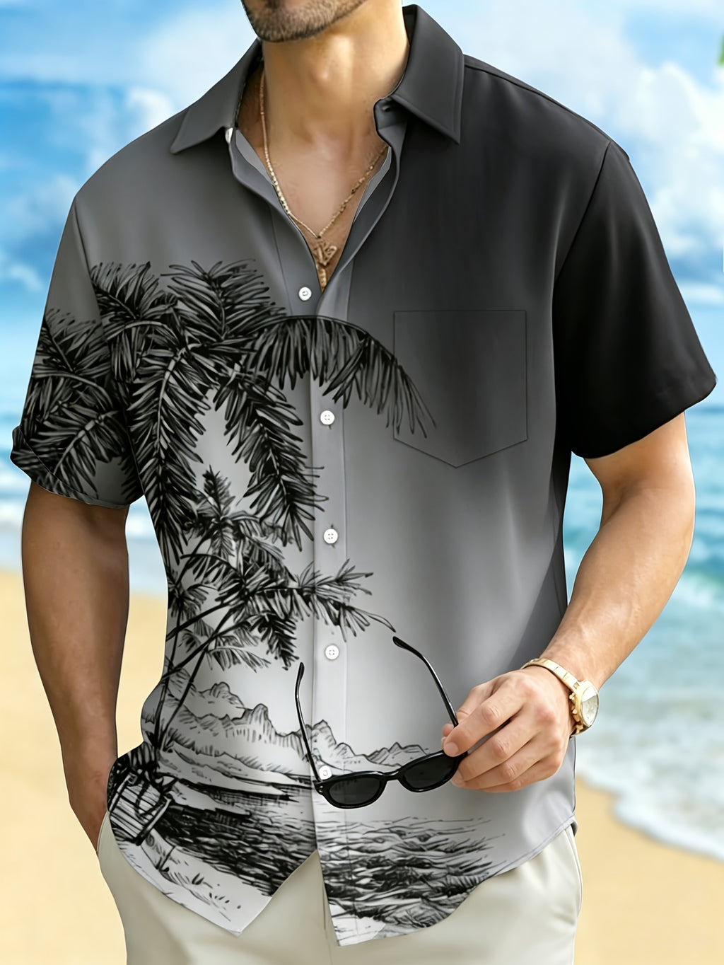 Casual Vacation Gradient Coconut Tree Print Men'S Button-Up Short Sleeve Shirt, Plus Size