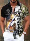Casual Style Men'S Casual Shirt, Printed Black And White Trout Fishing Pattern Summer Vibrant Fish Design with Camouflage Background And Lacing Detail