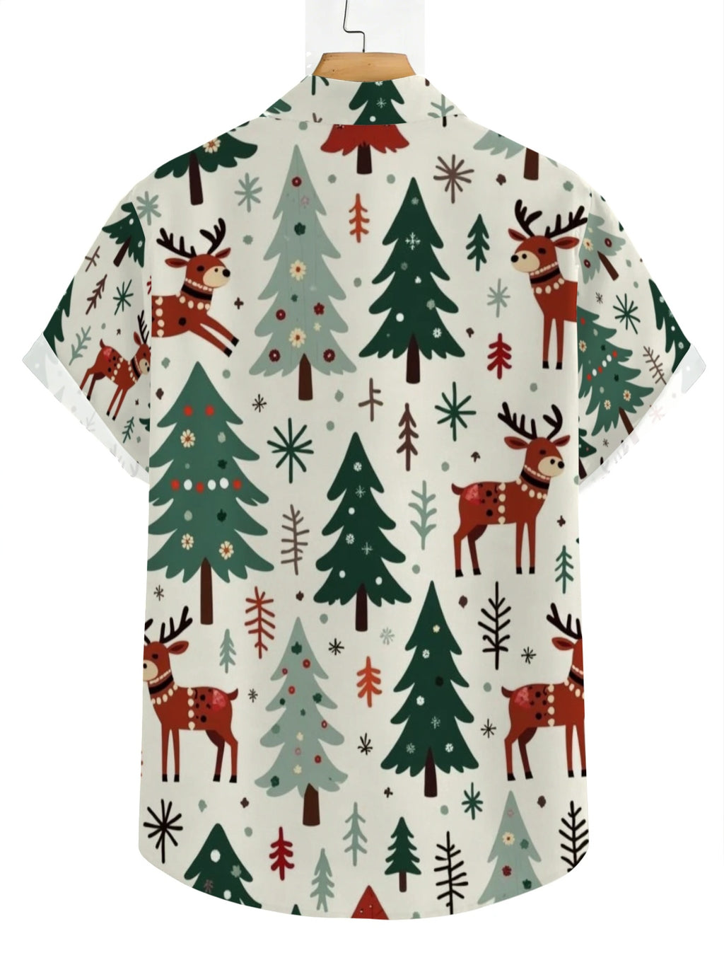 Men'S Cartoon Reindeer, Christmas Tree, And Snowflake Print Hawaiian Shirt, White Christmas Short-Sleeve Collared Shirt, Holiday Party Beach Vacation Casual Aloha Top, Top Choice for Christmas Gifts for Teenage