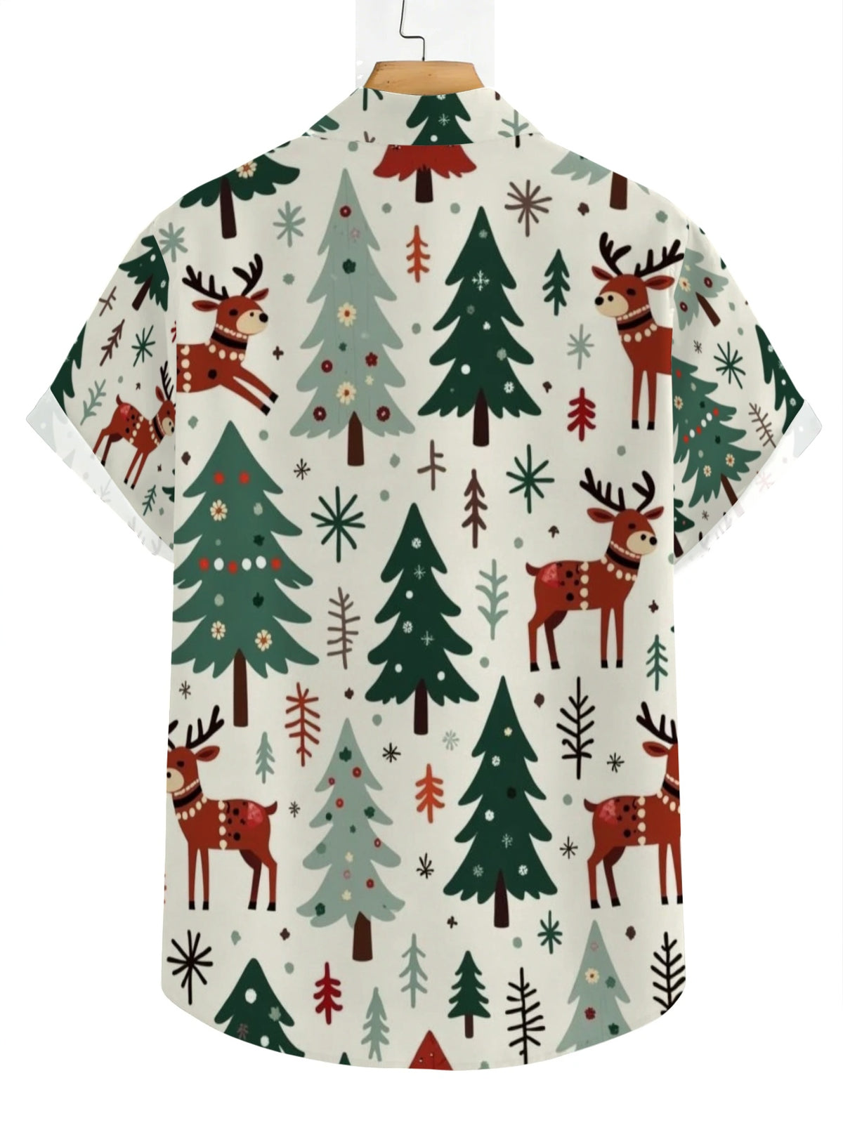 Men'S Cartoon Reindeer, Christmas Tree, And Snowflake Print Hawaiian Shirt, White Christmas Short-Sleeve Collared Shirt, Holiday Party Beach Vacation Casual Aloha Top, Top Choice for Christmas Gifts for Teenage