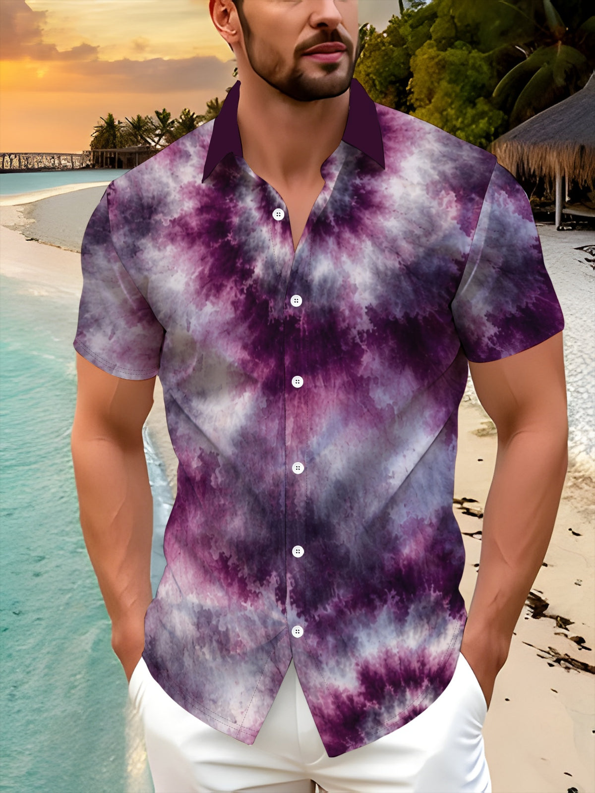 Men'S Short-Sleeve Button-Up Shirt, Geometric Pattern, Casual Turn- Collar, Fashionable Summer Wear