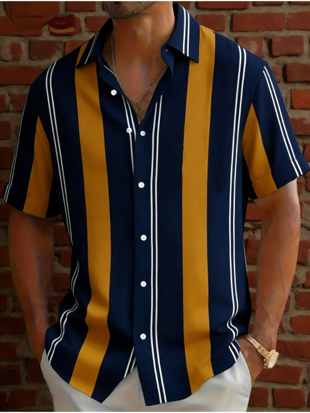 Men's Vintage Geometric Patchwork Shirt, a Navy Blue, Yellow, and White Vertical Stripe Short-sleeve Shirt. Featuring a Navy Blue Base Color with Wide Yellow Stripes and Fine White Lines as the Core Design, This Slim-fit Single-breasted Shirt Offers
