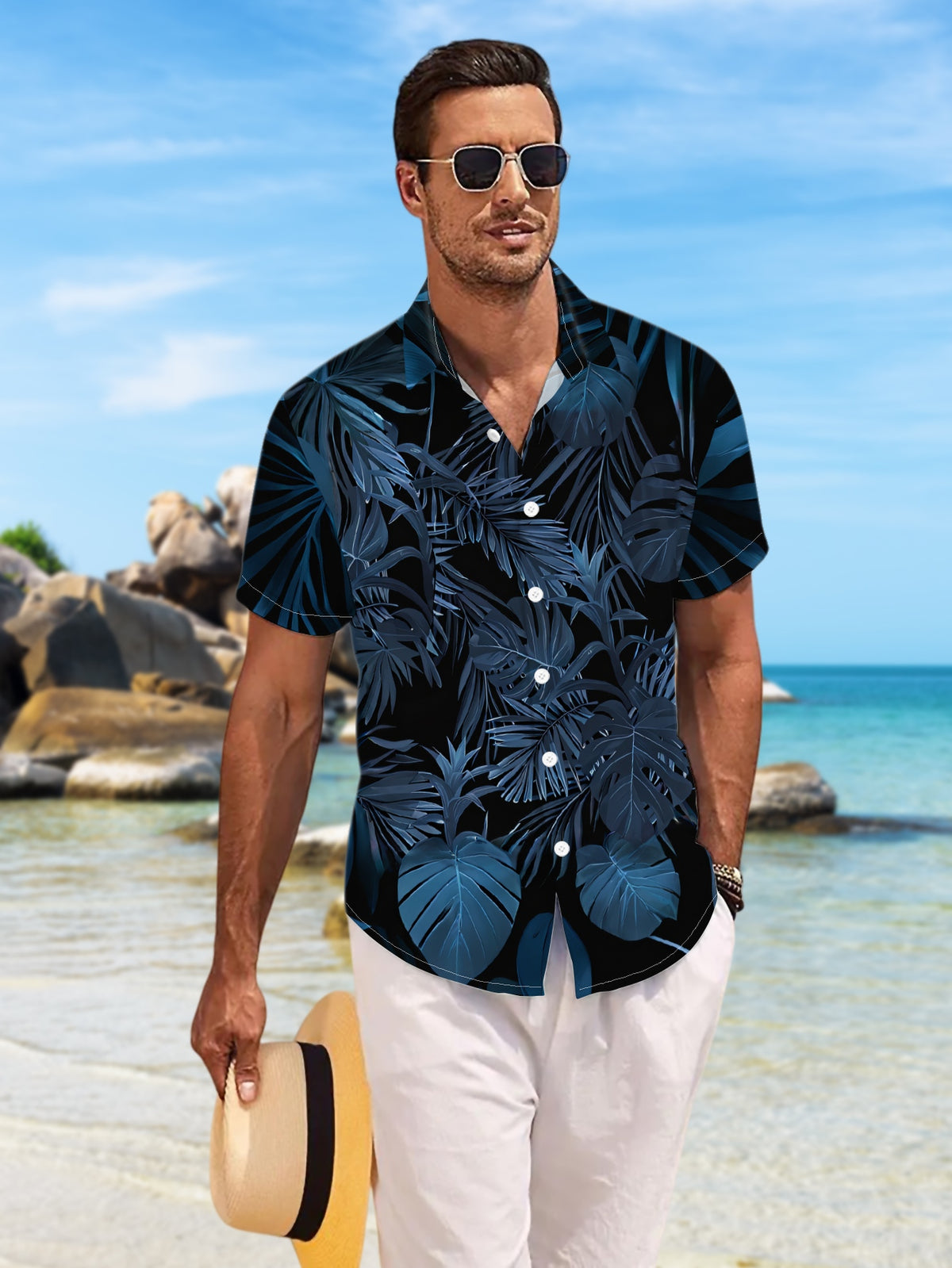 New Men'S Casual Short-Sleeve Shirt Featuring a Deep Blue Tropical Leaf Pattern, with a Dark Background That Highlights Its Elegant Texture. Perfect for Holiday Gatherings And Commuting, Made from Machine-Washable Polyester Fabric