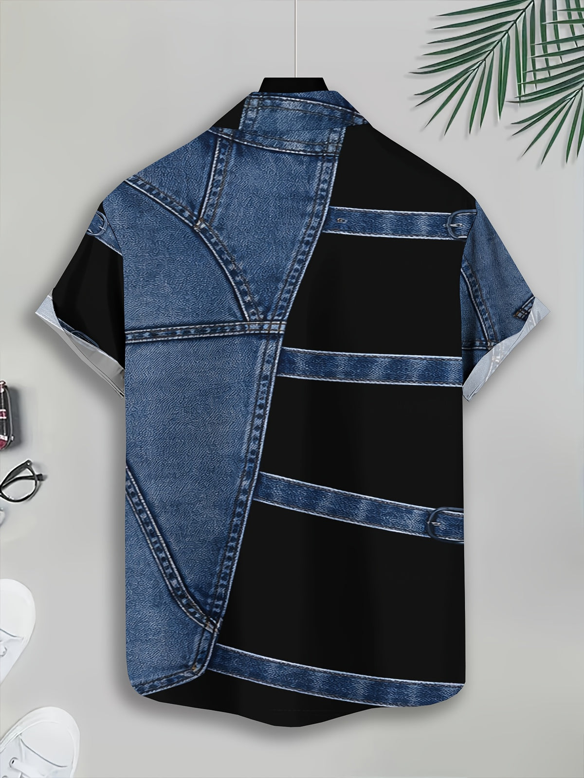 PrintedDesign-NotTextured 2dprinting Denim And Black Patchwork Style Men's Casual Shirt Print Denim Texture Design Summer Bold Contrast Panels