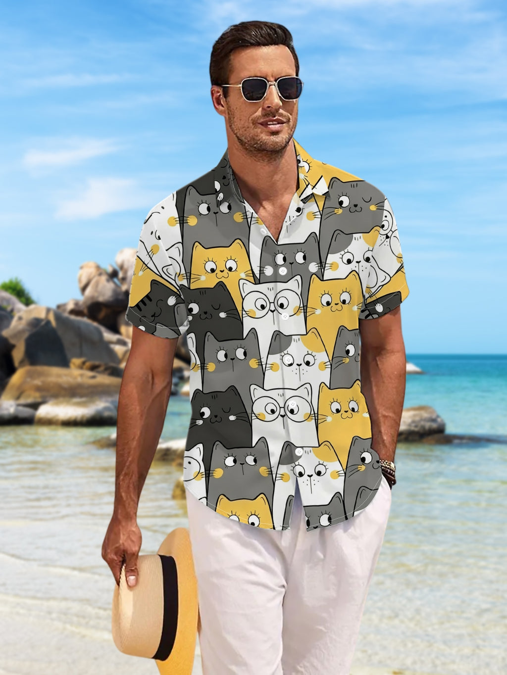 New Men'S Casual Short Sleeve Shirt, Gray Black White Yellow Multi-Color Dense Cat Patterns with Different Expressions, Holiday Party Commute Versatile, Polyester Fabric Machine Washable, Button-Up Print Shirt