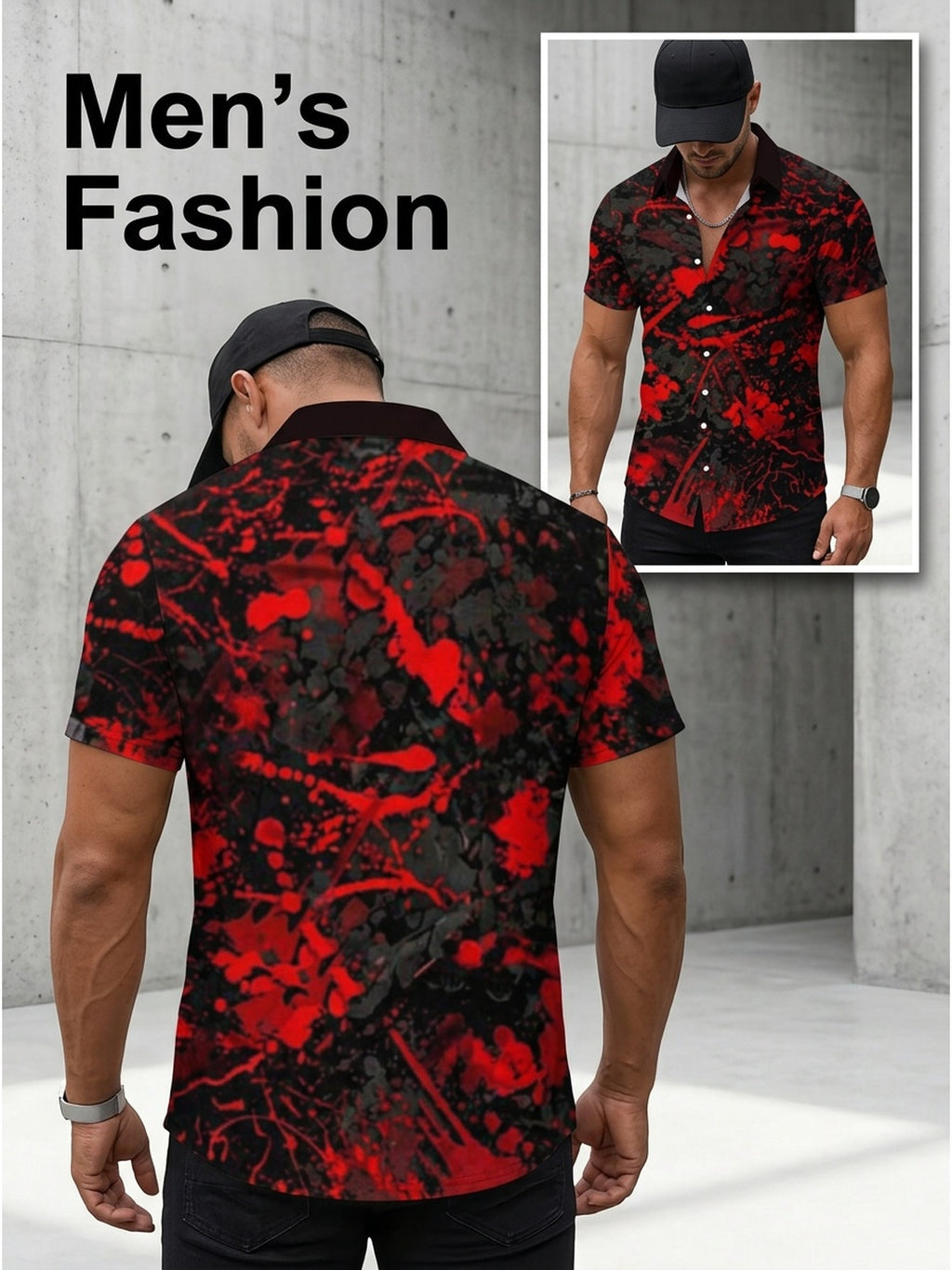 Random Geometric Print Men'S Short-Sleeve Button-Up Shirt, Casual Summer Style, Regular Fit And Comfortable
