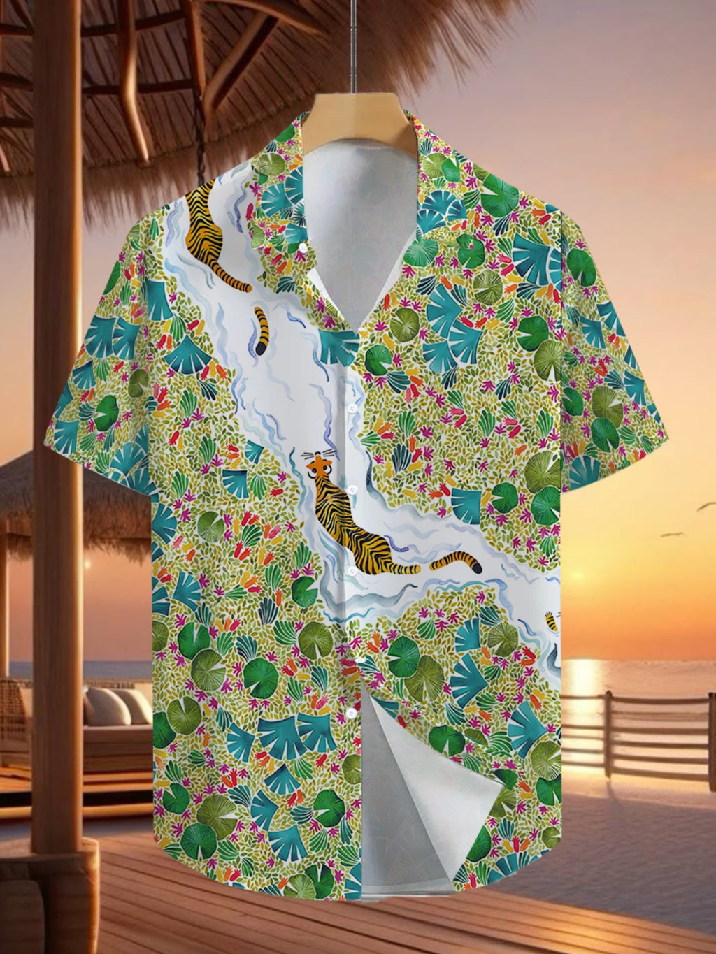 Men'S Casual Shirt Featuring a Trendy Tropical Plant And Tiger Design - Short-Sleeved with Button Details, Perfect for Summer Outdoor And Leisure Wear
