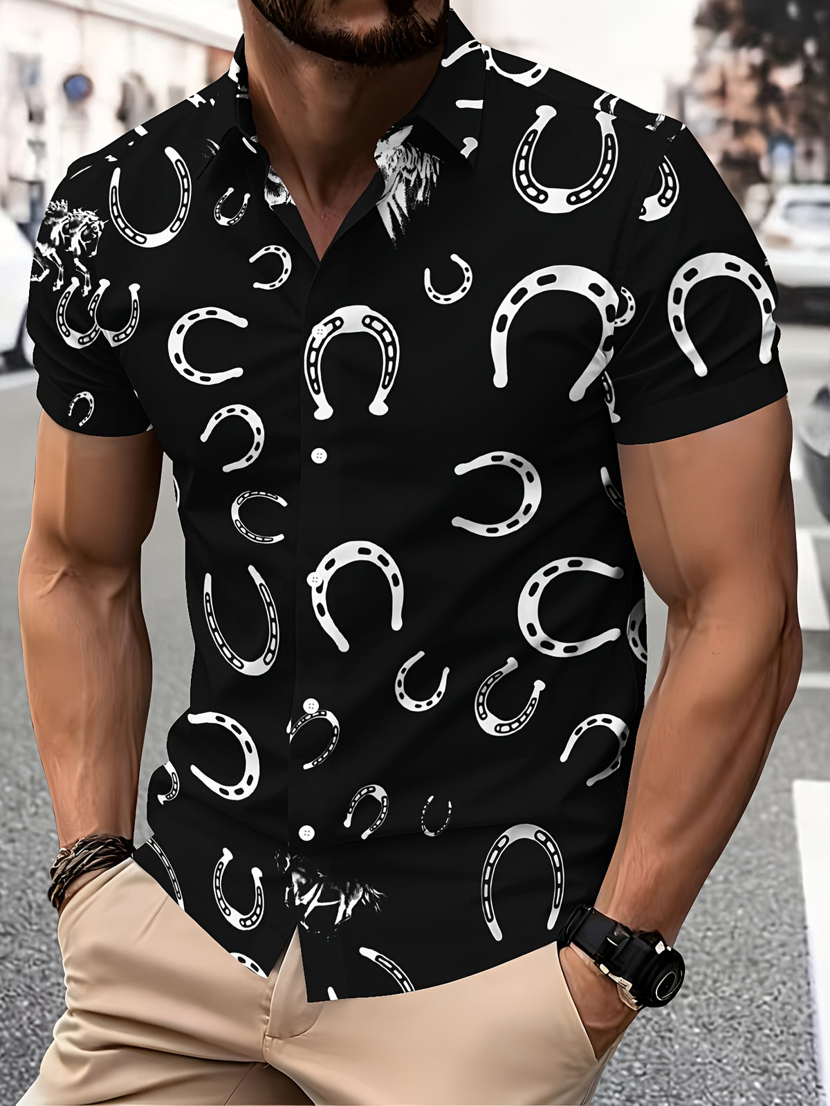 Casual Style Men'S Shirt with Horseshoe Print, Summer Bold And Fun Design