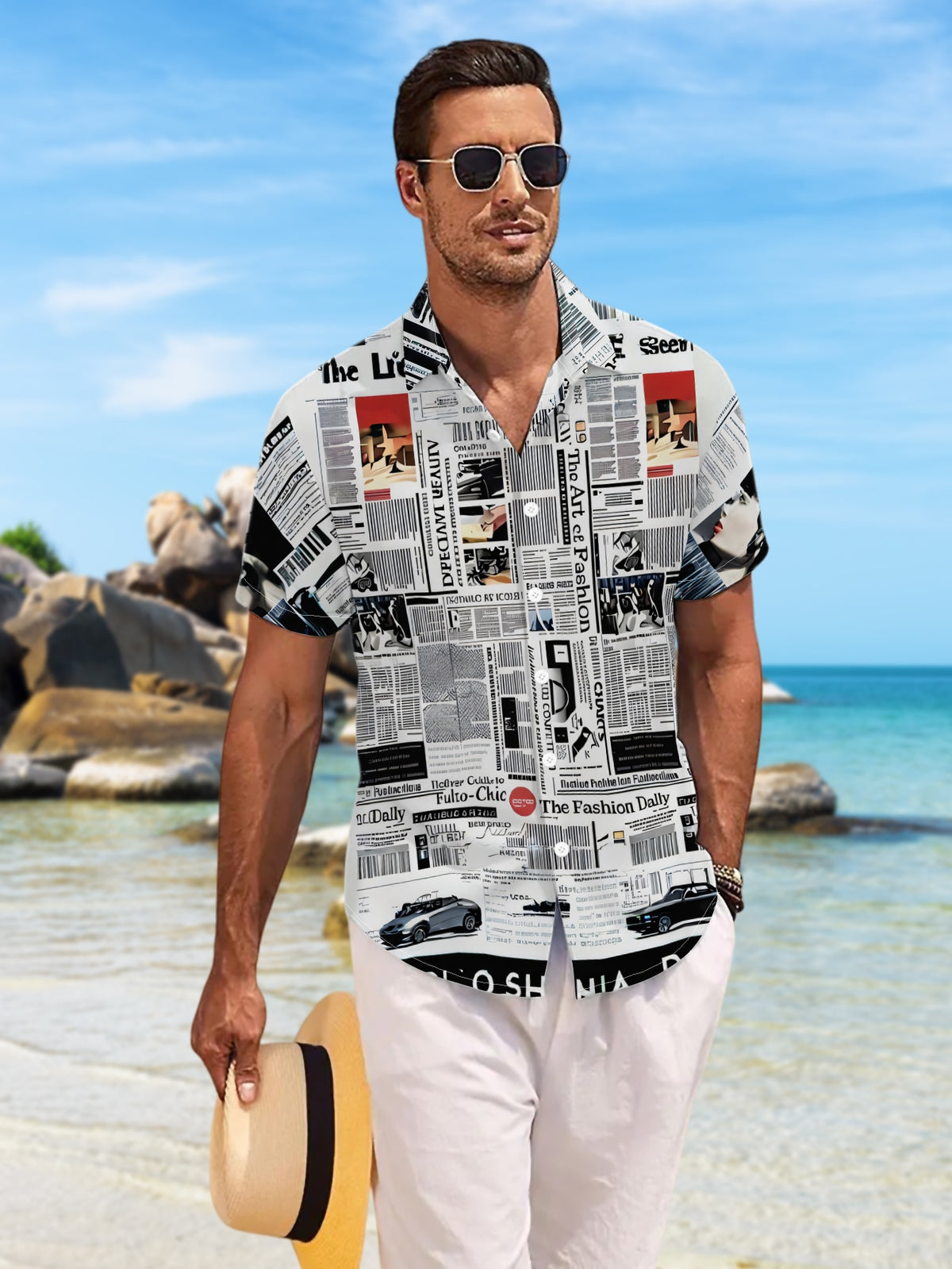 This New Men'S Casual Short-Sleeve Shirt Features a Stylish Black And White Newspaper Collage Design, Perfect for Holiday Gatherings And Commuting. Made from Machine-Washable Polyester Fabric, It Has a Button Print