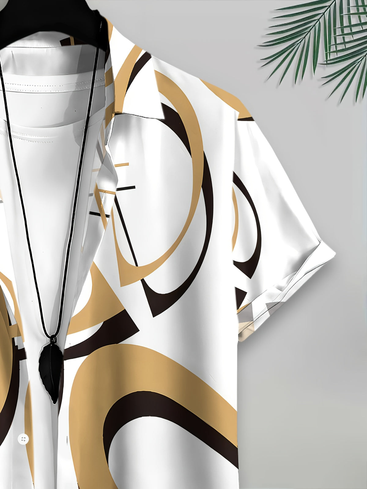 Abstract Geometric Men'S Casual Shirt, Print White Golden And Black Pattern Summer Bold Curved Lines Design