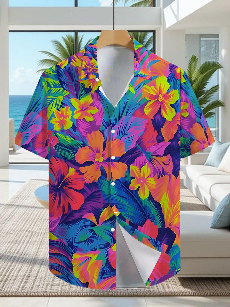 Men's Casual Shirt with Vibrant Floral Print - Short Sleeve Button-Up Design, Summer Outdoor and Casual Wear, Everyday Outfit