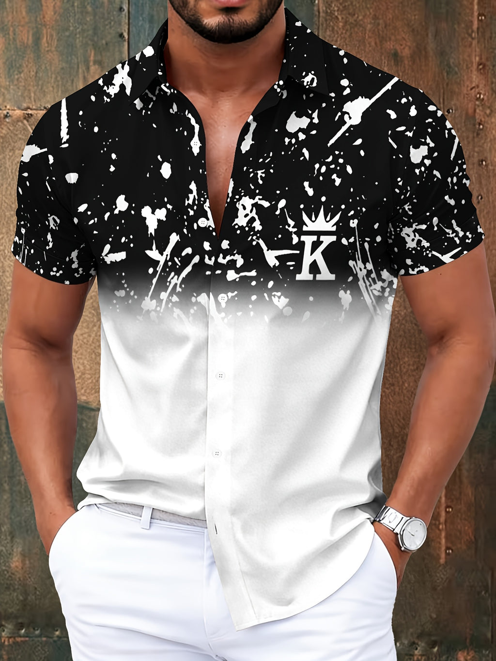 Casual Style Men'S Casual Shirt, Print Black And White Gradient with Crown K Letter And Splatter Pattern Summer Fashion Statement