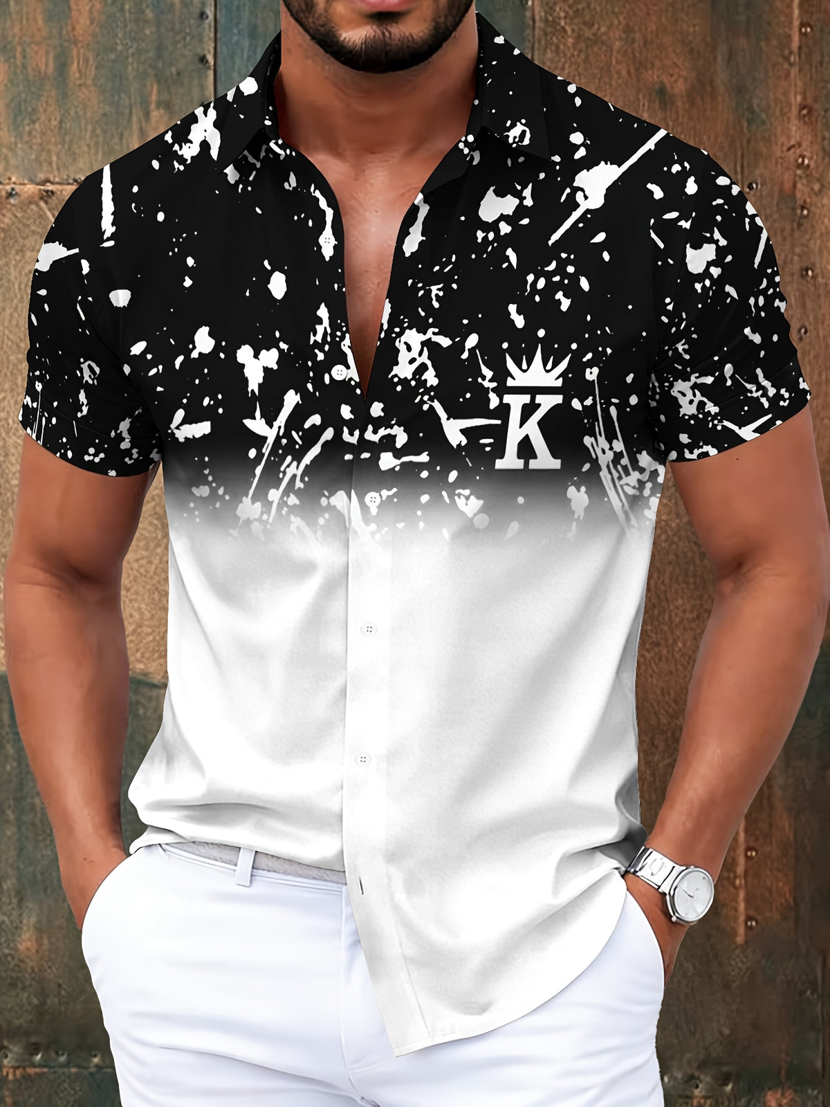 Casual Style Men'S Casual Shirt, Print Black And White Gradient with Crown K Letter And Splatter Pattern Summer Fashion Statement