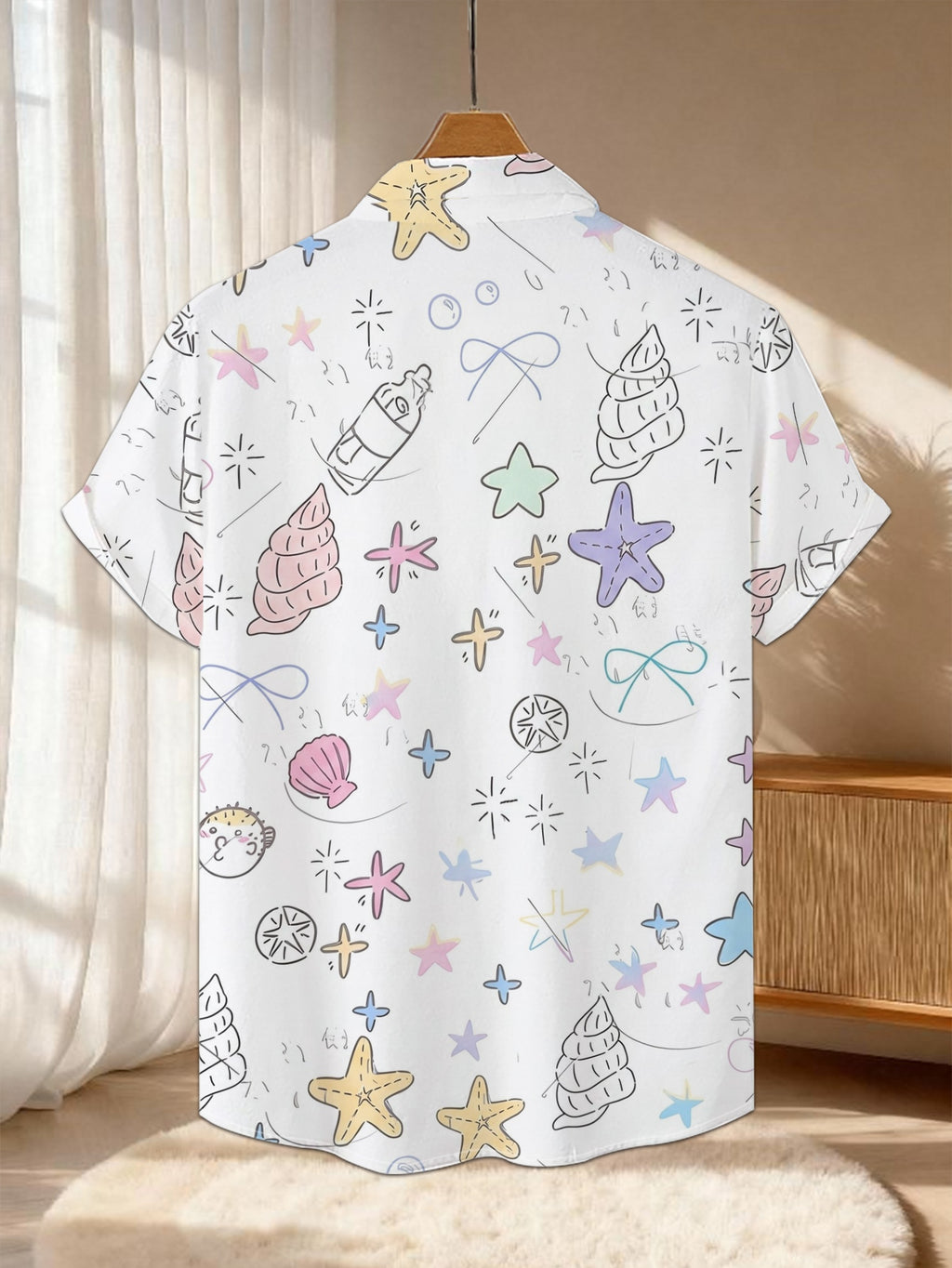 New Men'S Casual Short Sleeve Shirt, Lightly Colored Marine Micro-Element All-Over Print, Playful Fresh Style, Festive Gathering Commute Versatile, Polyester Fabric Machine Washable, Lightweight Summer Wear, Suitable for Casual Outfits