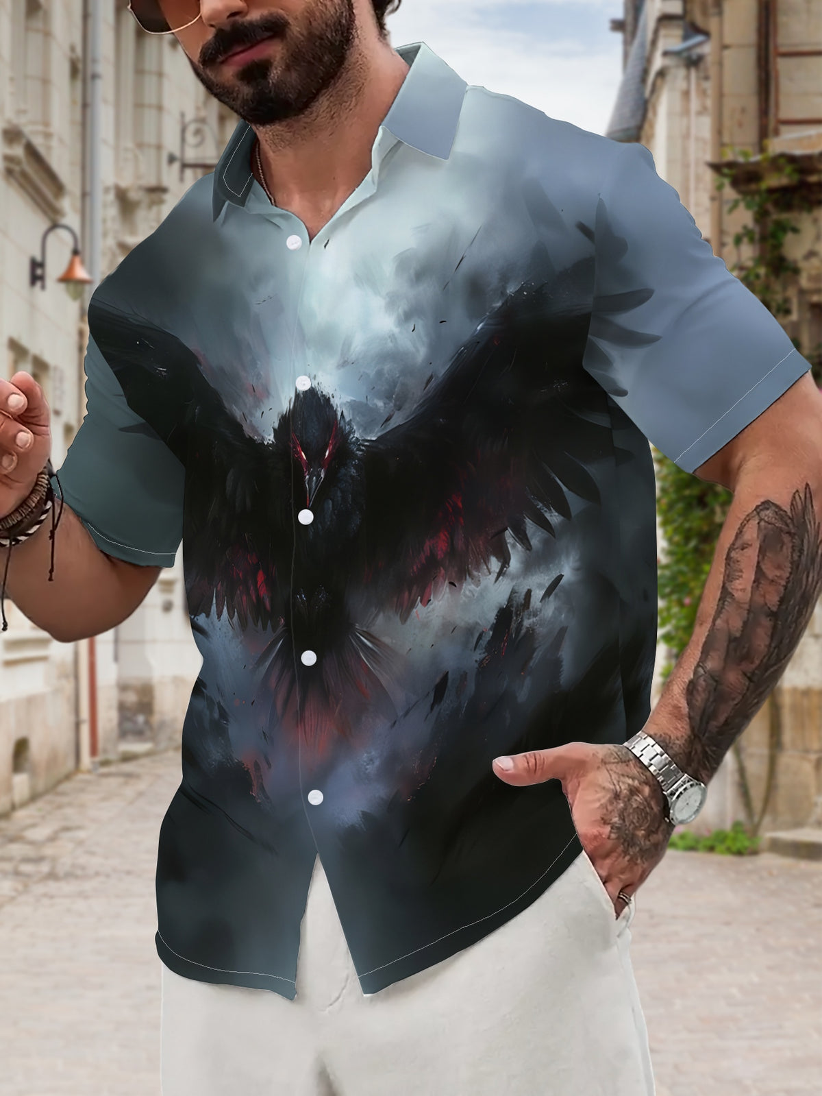 New Men's Casual Short-Sleeve Shirt: Black-Winged Menacing Crow Breaking Through the Mist with Striking Red Eyes, Exuding Intimidating Aggression - Versatile Holiday Party and Commuting Casual Top. Made of Polyester Fiber, Machine Washable. Button-Up