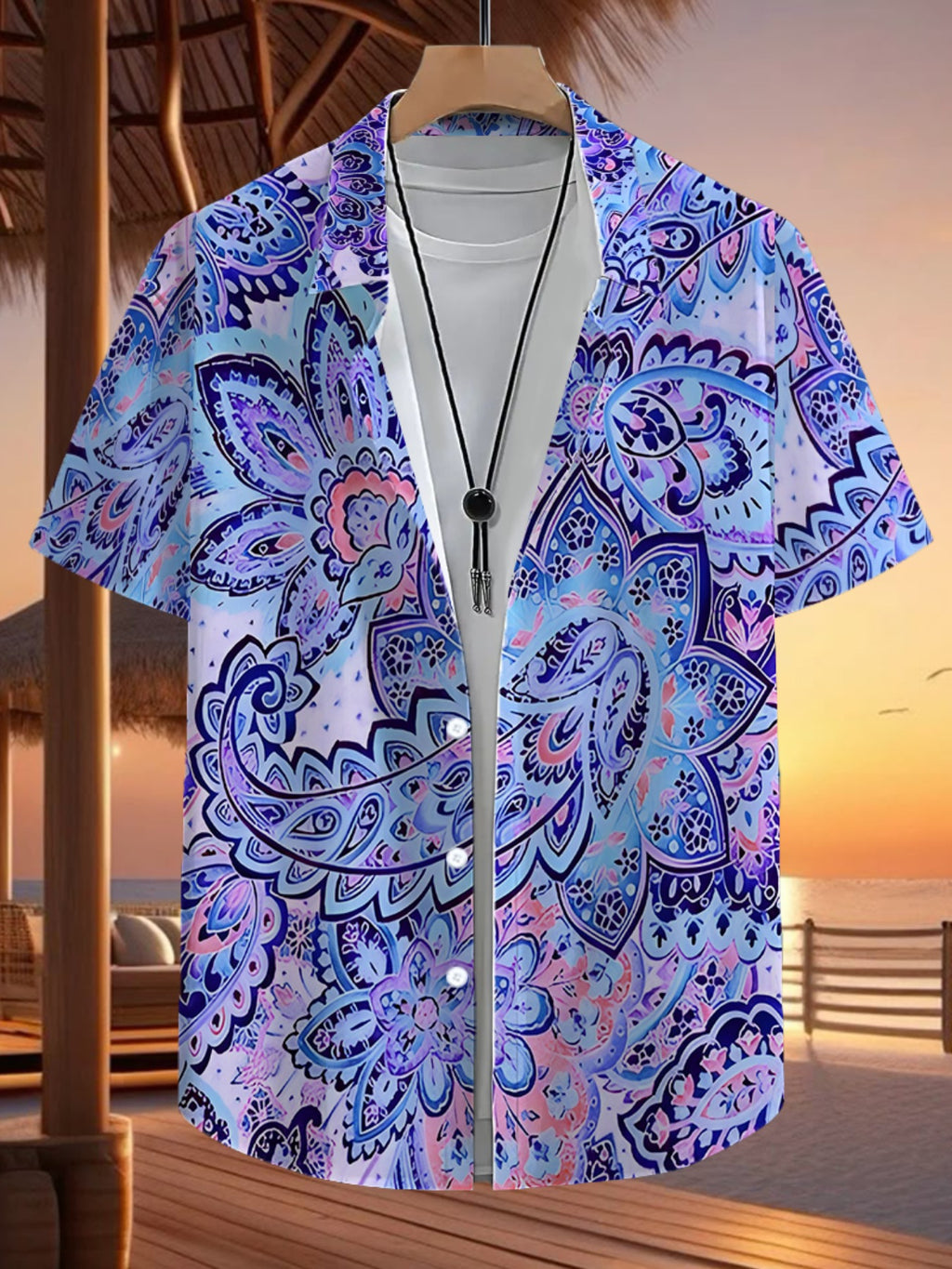 Men's Tropical Blue & Purple Paisley Print Short Sleeve Button- Shirt - Loose Fit Casual Collar Summer Beachwear, Button Front Placket for Outdoor & Smart-Casual Occasions, Suitable for Summer Season Clothing