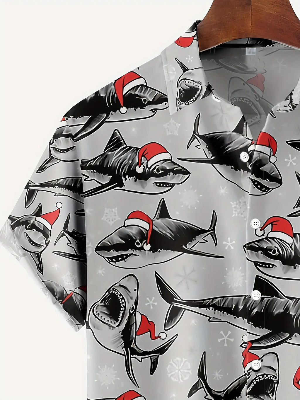 Men'S Funny Christmas Shark Print Short-Sleeve Shirt Featuring a Design with a Santa Hat And Shark Teeth - Red And Black Ocean Theme, Buttoned Collar, - Machine Washable Summer And Christmas Party Attire, Suitable for Beach, Office