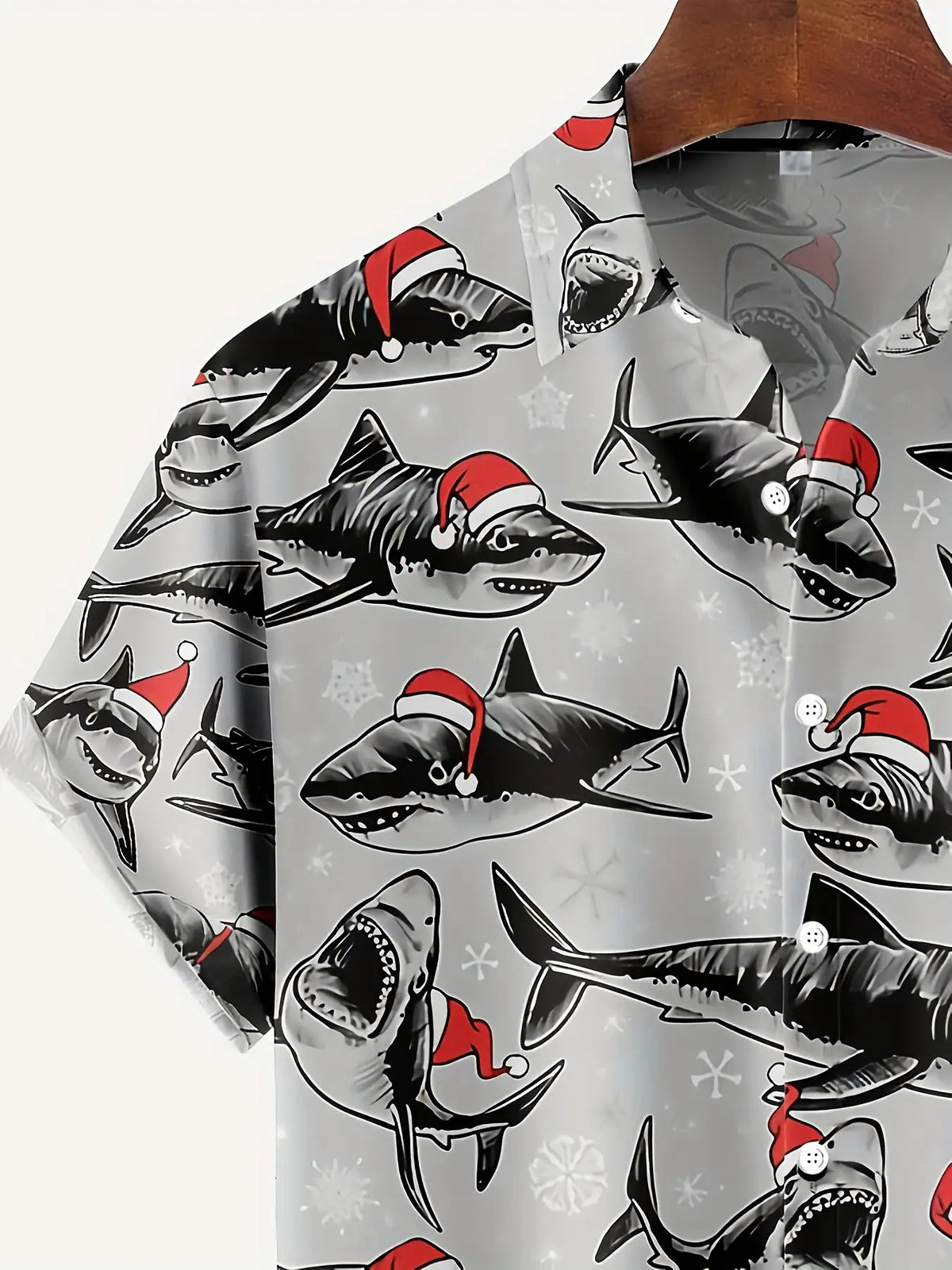 Men'S Funny Christmas Shark Print Short-Sleeve Shirt Featuring a Design with a Santa Hat And Shark Teeth - Red And Black Ocean Theme, Buttoned Collar, - Machine Washable Summer And Christmas Party Attire, Suitable for Beach, Office