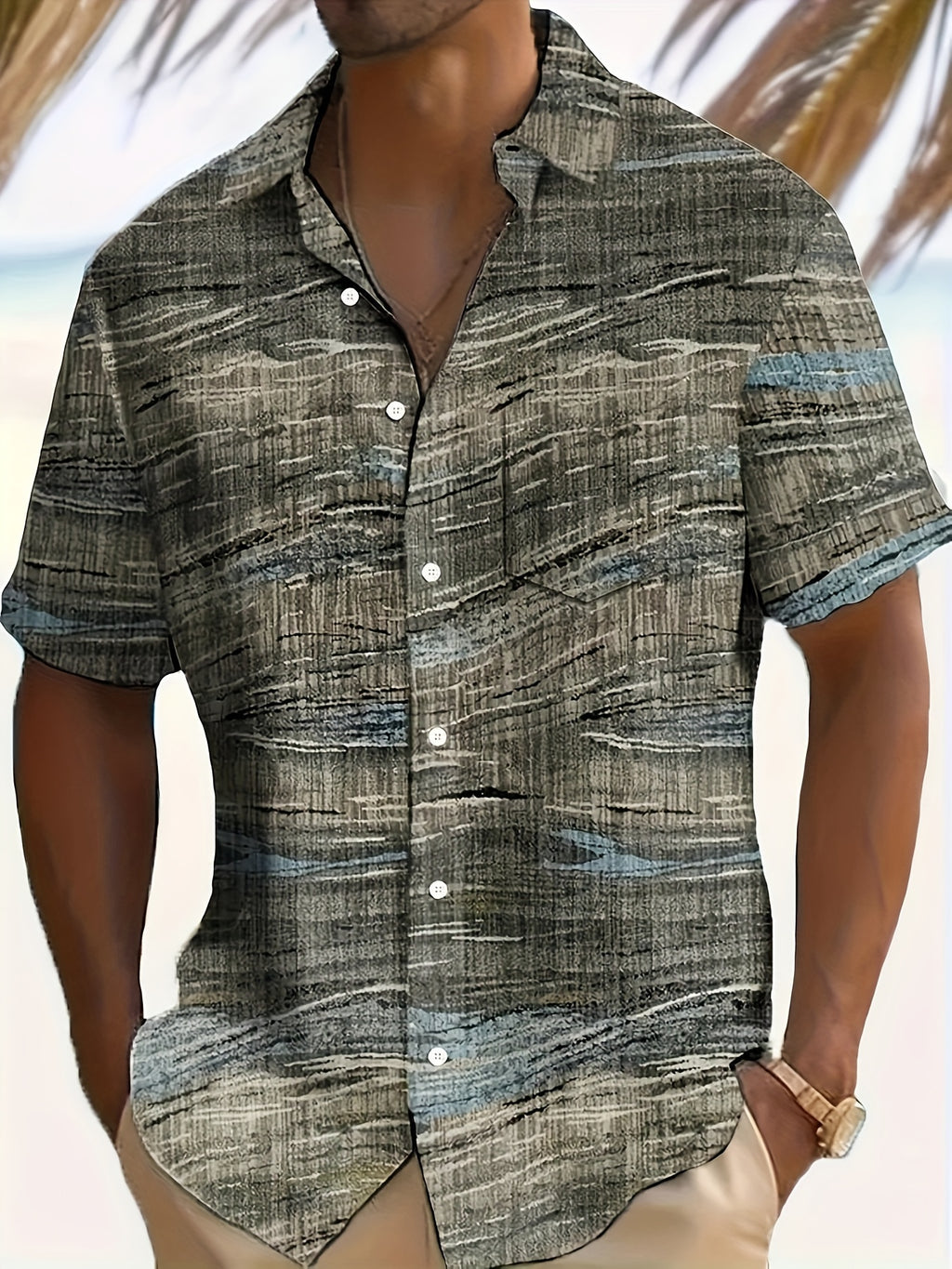 Vintage Geometric Texture Abstract Art Print Men's Lapel Short Sleeve Shirt, Comfortable and Soft Casual Fit, Suitable for Men's Casual Wear and Outdoors
