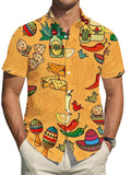 Men's Hawaiian Shirt with Mexican-Themed Food and Decorative Pattern Print, Fashionable Button-Up Short-Sleeve Top