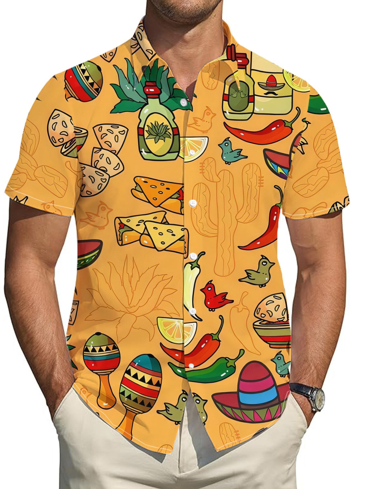 Men's Hawaiian Shirt with Mexican-Themed Food and Decorative Pattern Print, Fashionable Button-Up Short-Sleeve Top