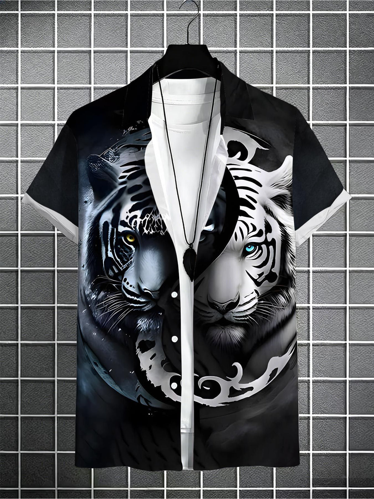 Men'S Cool Tiger Print Hawaiian Shirt, Short-Sleeve Casual Top, Trendy Street Style Aloha Shirt, Suitable for Nightclubs, Parties, Beaches, And Everyday Wear