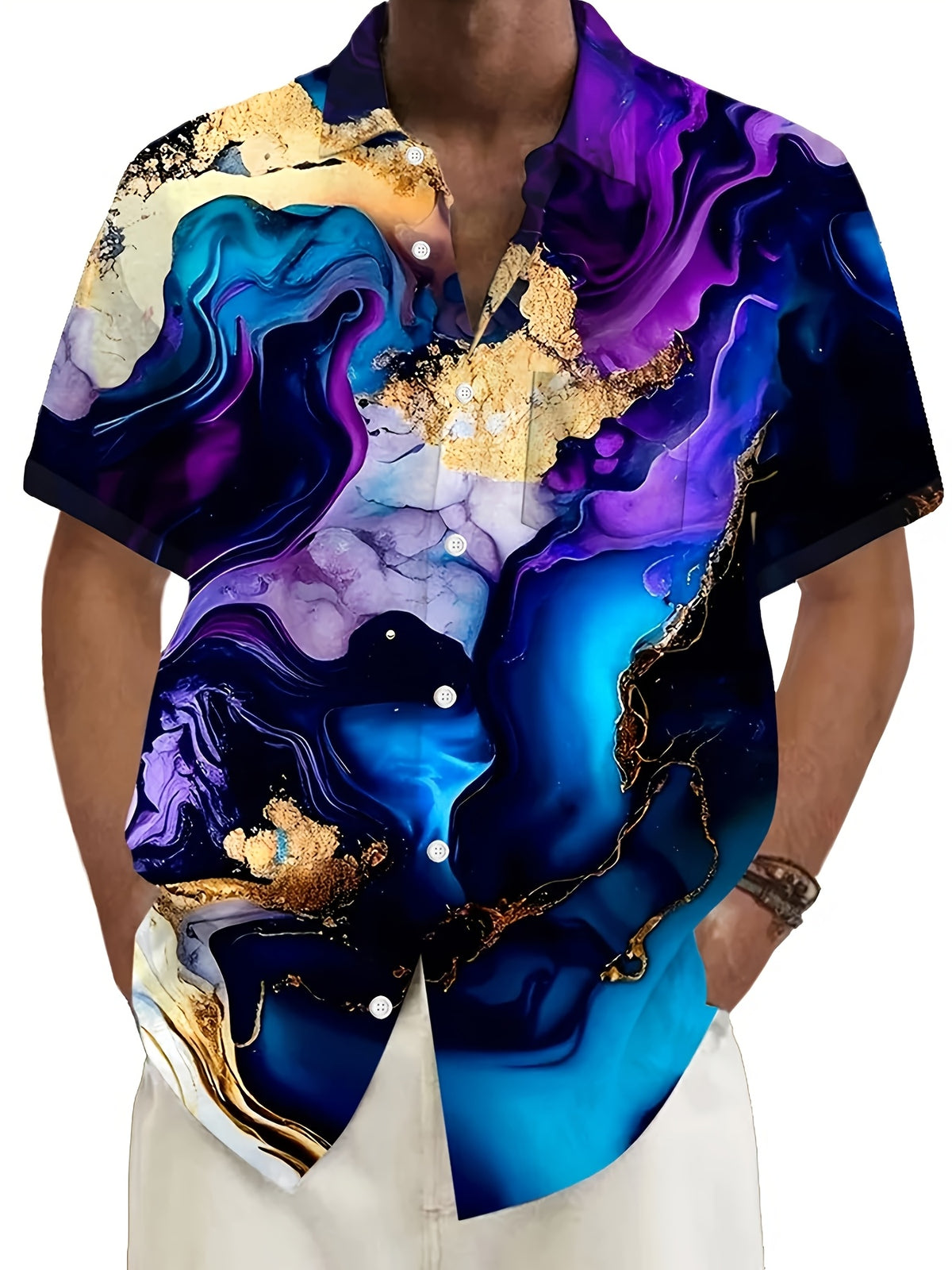 Men's Large Size Button Pocket Short Sleeve Shirt with Fashion Art Gradient Abstract 3D Digital Print