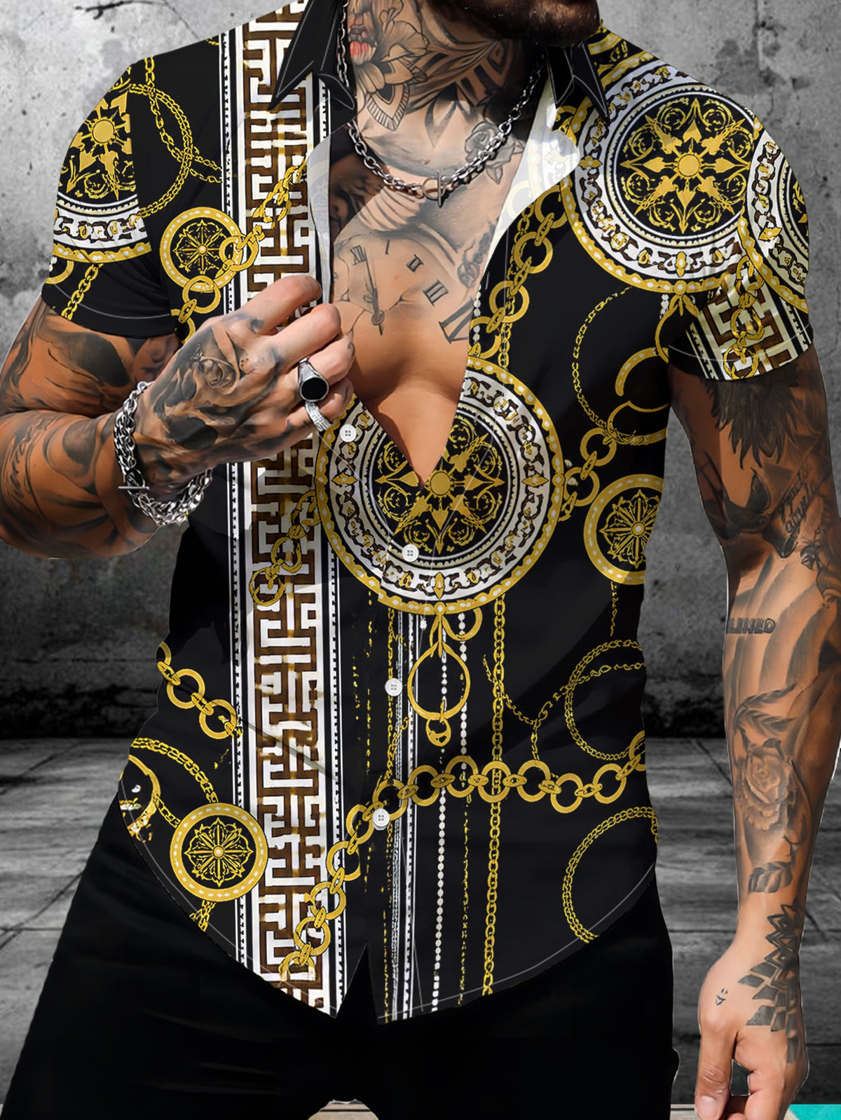 Men'S Digital Print Short Sleeve Shirt, New Summer Fashion Trend, Unique Geometric Chain Print, Casual Loose Fit, Turn- Collar Half Sleeve Top