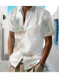Hawaiian Tropical Green, Yellow, And White Ink Print Men'S Casual Shirt - Short-Sleeved Button Design, Suitable for Outdoor And Casual Wear in Summer