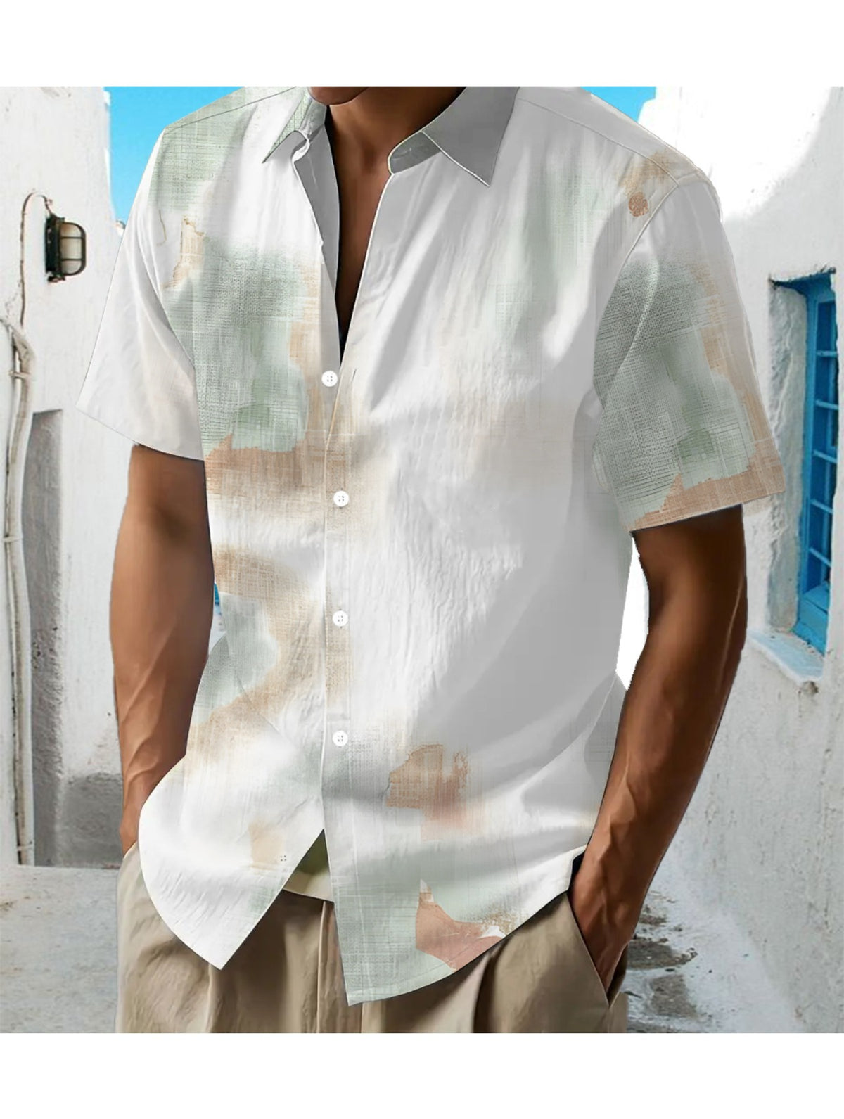 Hawaiian Tropical Green, Yellow, And White Ink Print Men'S Casual Shirt - Short-Sleeved Button Design, Suitable for Outdoor And Casual Wear in Summer