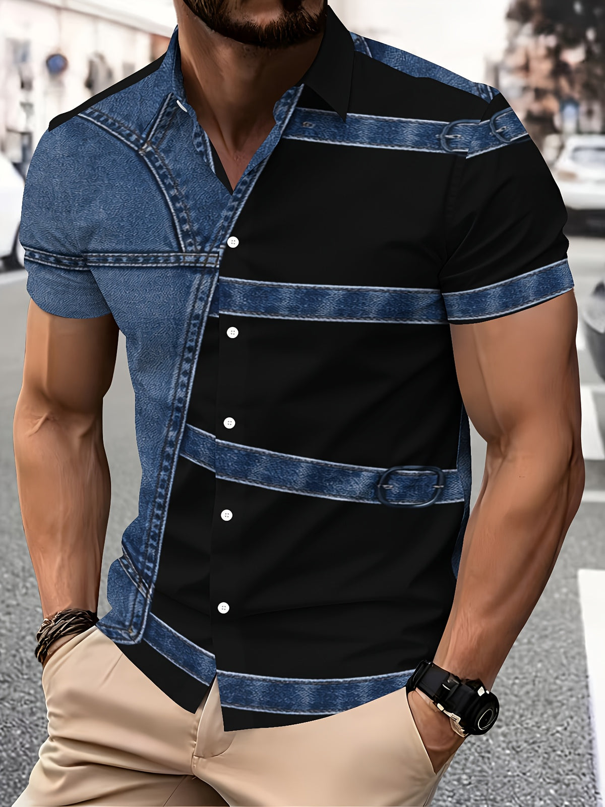 PrintedDesign-NotTextured 2dprinting Denim And Black Patchwork Style Men's Casual Shirt Print Denim Texture Design Summer Bold Contrast Panels