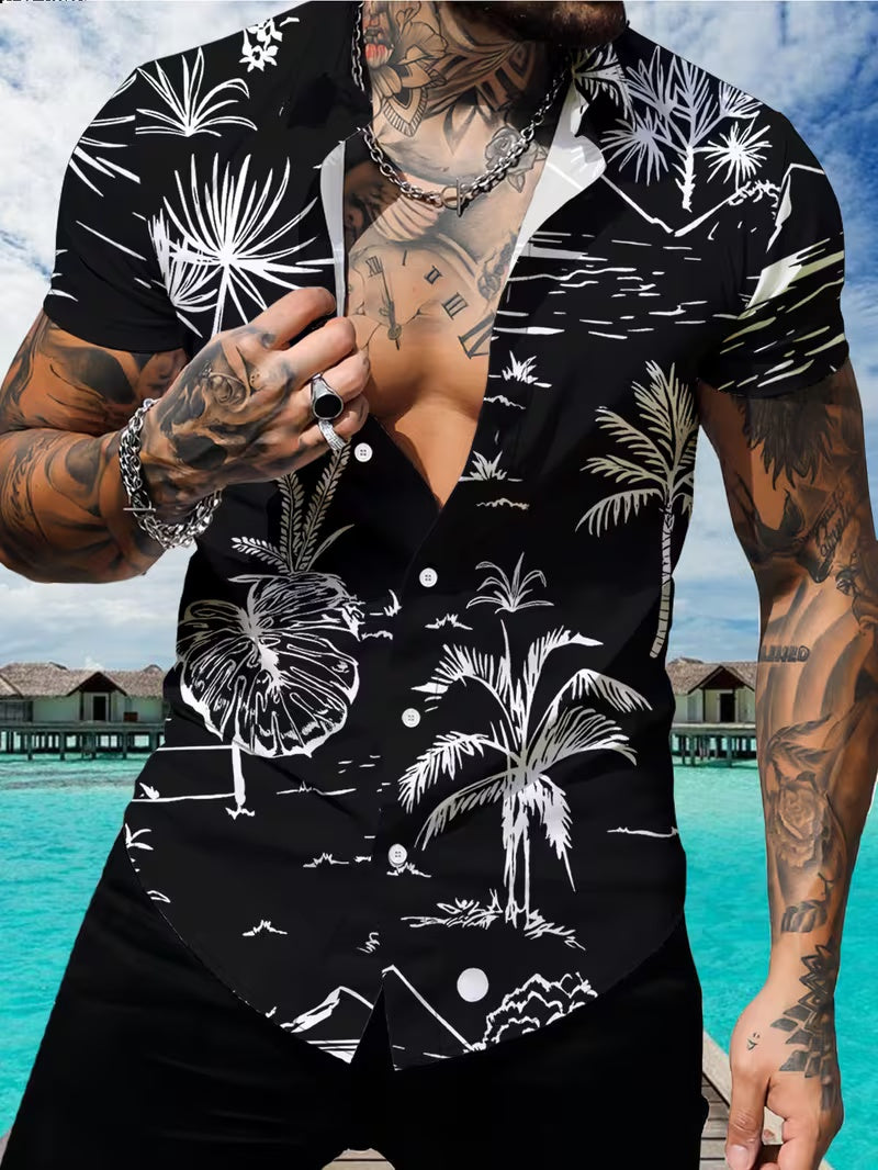 Hawaiian Tropical Beach View Print Men'S Casual Shirt with Button-Up Collar, Short Sleeve for Summer Vacation And Leisure