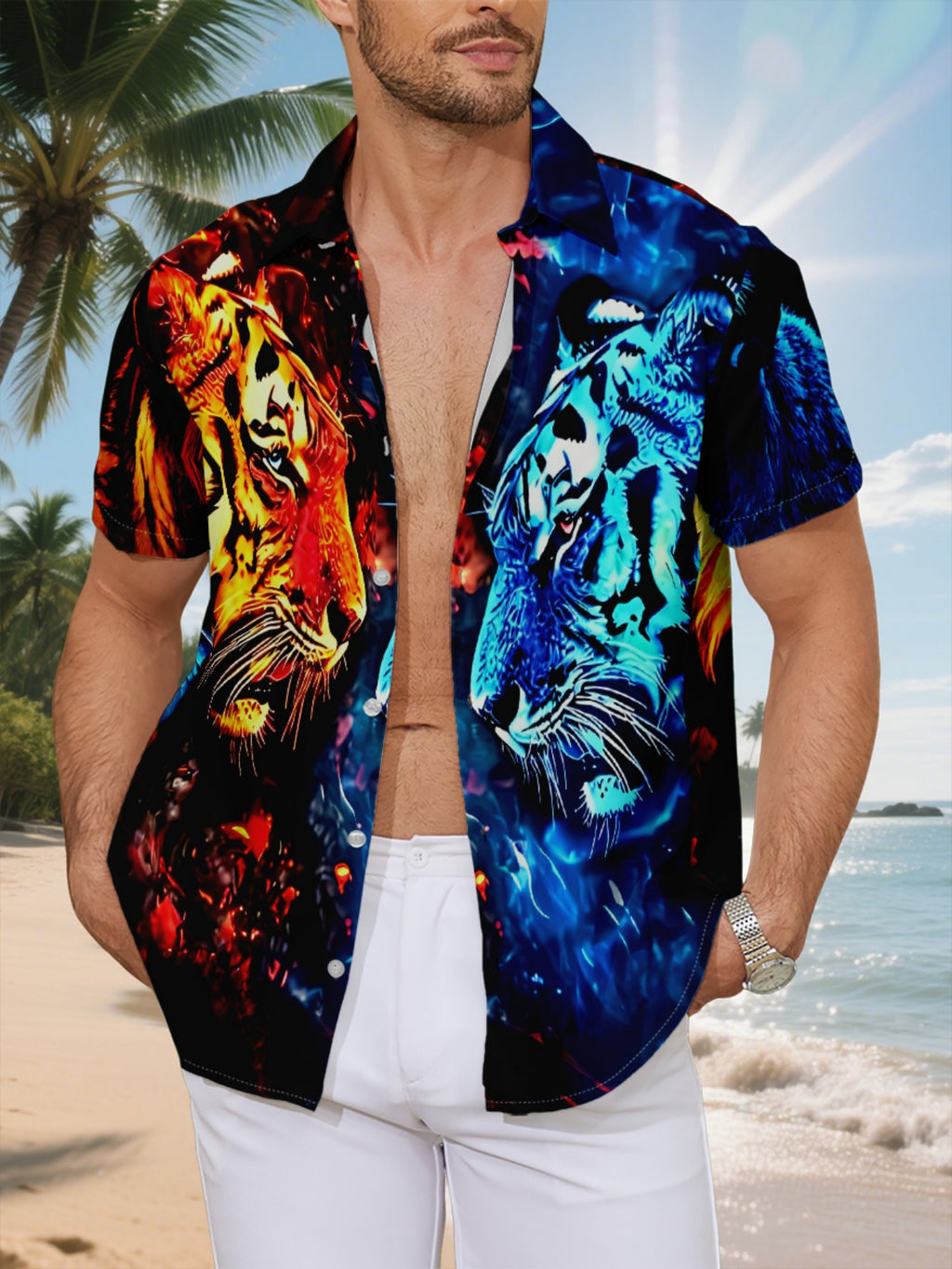 New Men's Casual Short-Sleeve Shirt: Ice and Fire Tiger Confrontation, Full of Aura and Tension, Versatile for Holiday Parties and Commuting, Polyester Fiber Fabric, Machine Washable, Button-Up Printed Shirt